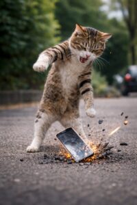 猫が二足歩行でスマホを地面にたたきつけている画像