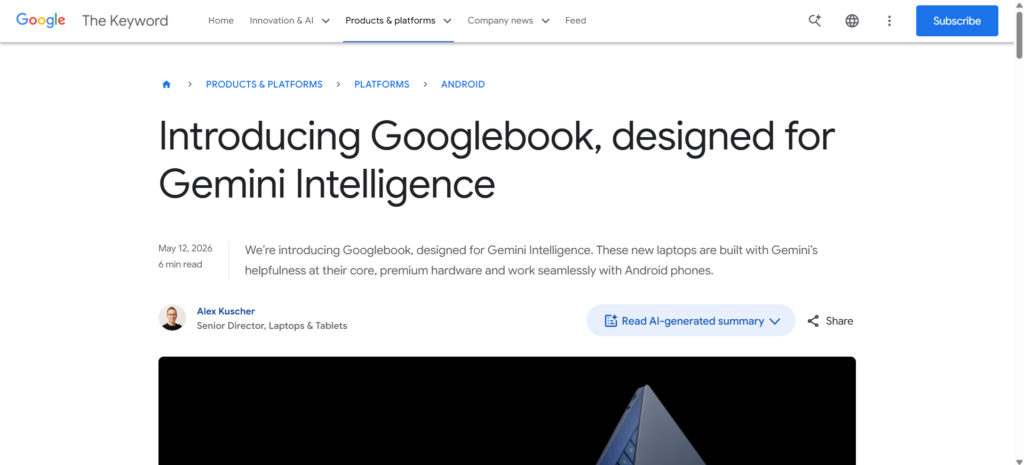 Google公式ブログ「Introducing Googlebook, designed for Gemini Intelligence」