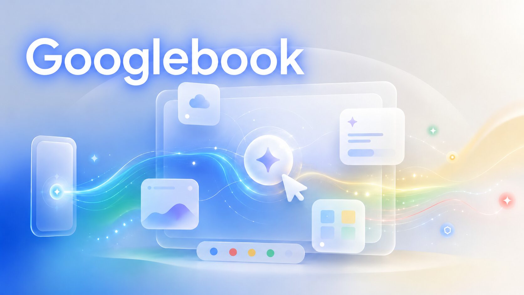 Googlebookのアイキャッチ画像。AIアシスタントやウィジェット、カーソルなどの機能をイメージした抽象的なイラスト