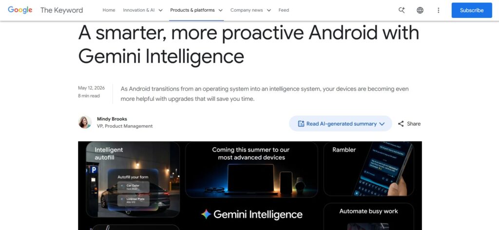 Google公式ブログ「A smarter, more proactive Android with Gemini Intelligence」