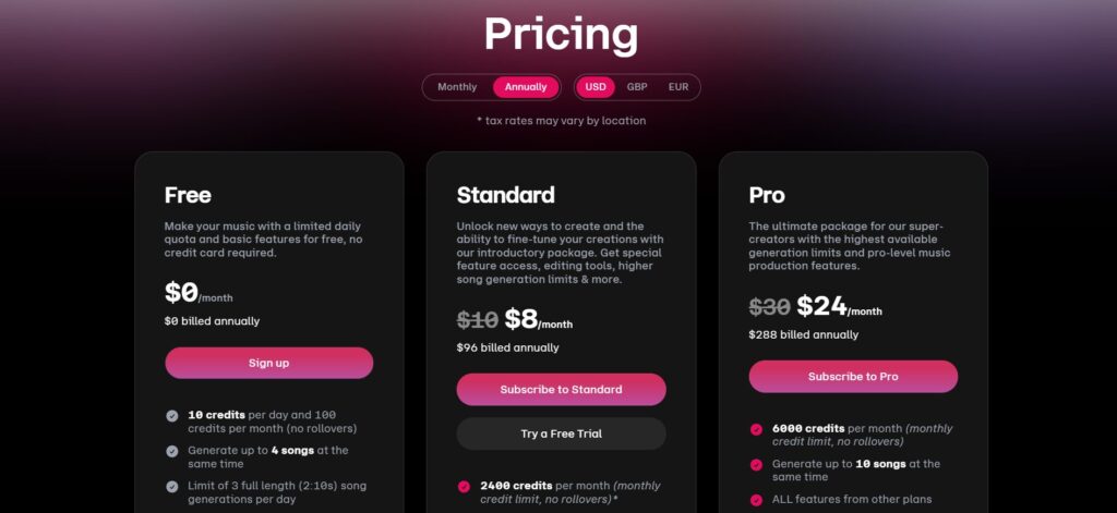 Udio公式サイトの料金プラン画面