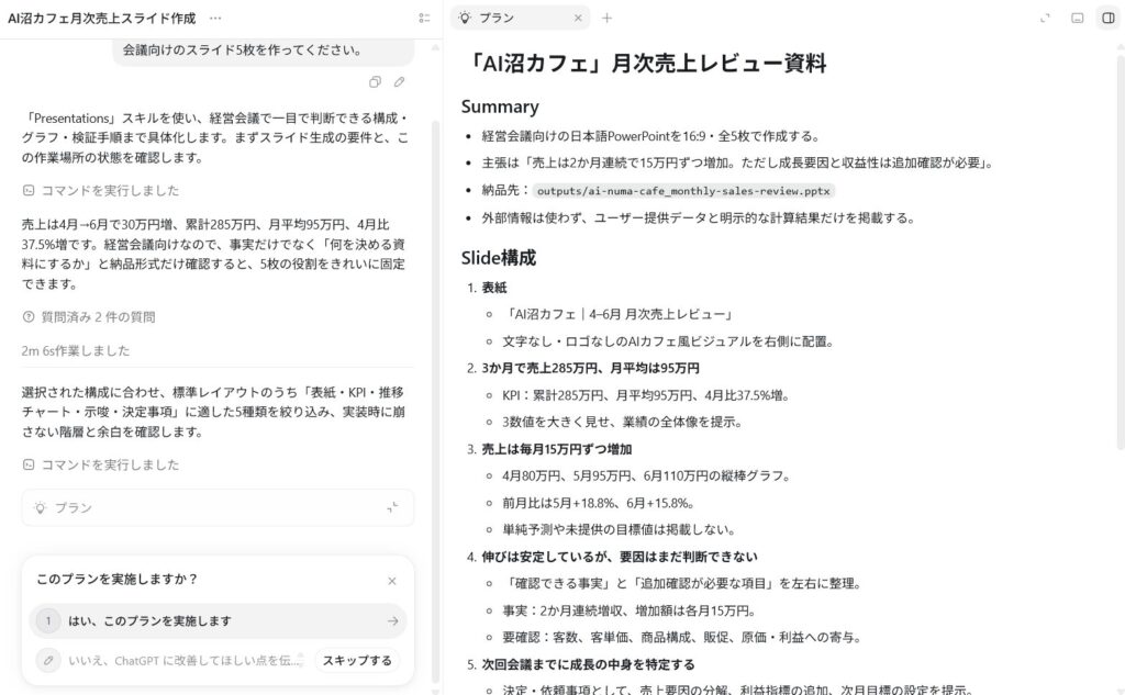 ChatGPT WorkのPlan Modeでタスクの実行計画を確認している画面